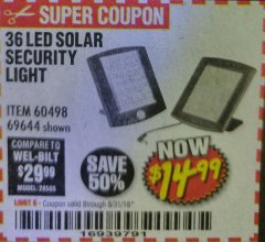 Harbor Freight Coupon 36 LED SOLAR SECURITY LIGHT Lot No. 69644/60498/69890 Expired: 8/31/18 - $14.99