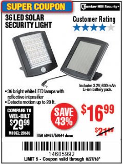 Harbor Freight Coupon 36 LED SOLAR SECURITY LIGHT Lot No. 69644/60498/69890 Expired: 8/27/18 - $16.99