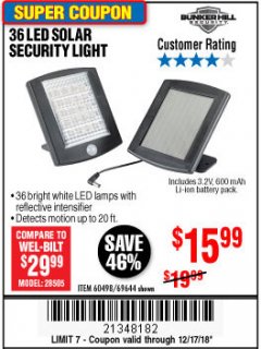 Harbor Freight Coupon 36 LED SOLAR SECURITY LIGHT Lot No. 69644/60498/69890 Expired: 12/17/18 - $15.99
