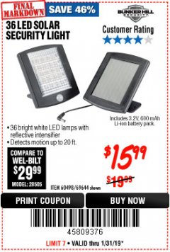 Harbor Freight Coupon 36 LED SOLAR SECURITY LIGHT Lot No. 69644/60498/69890 Expired: 1/31/19 - $15.99
