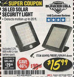 Harbor Freight Coupon 36 LED SOLAR SECURITY LIGHT Lot No. 69644/60498/69890 Expired: 4/30/19 - $15.99