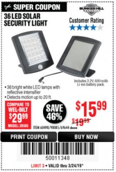 Harbor Freight Coupon 36 LED SOLAR SECURITY LIGHT Lot No. 69644/60498/69890 Expired: 3/24/19 - $15.99