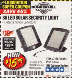 Harbor Freight Coupon 36 LED SOLAR SECURITY LIGHT Lot No. 69644/60498/69890 Expired: 5/31/19 - $15.99