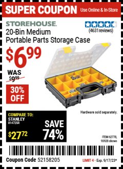 Harbor Freight Coupon 20 BIN PORTABLE PARTS STORAGE CASE Lot No. 62778/93928 Expired: 9/17/23 - $6.99