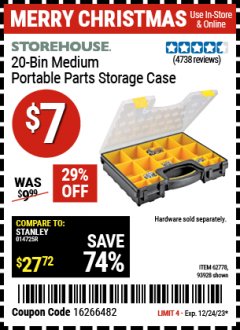 Harbor Freight Coupon 20 BIN PORTABLE PARTS STORAGE CASE Lot No. 62778/93928 Expired: 12/24/23 - $7