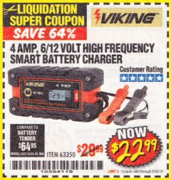 Harbor Freight Coupon 4AMP 6/12V HIGH FREQUENCY SMART BATTERY CHARGER Lot No. 63350 Expired: 6/30/18 - $22.99