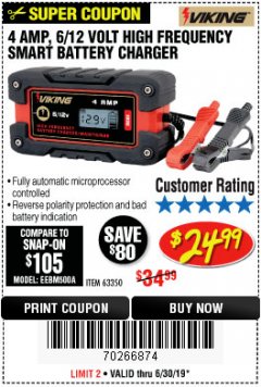 Harbor Freight Coupon 4AMP 6/12V HIGH FREQUENCY SMART BATTERY CHARGER Lot No. 63350 Expired: 6/30/19 - $24.99