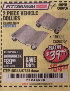 Harbor Freight Coupon 2 PIECE VEHICLE WHEEL DOLLIES 1500 LB. CAPACITY Lot No. 67338/60343 Expired: 2/5/19 - $39.99