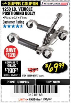 Harbor Freight Coupon 1250 LB. VEHICLE POSITIONING DOLLY Lot No. 62234/61917 Expired: 11/30/18 - $69.99