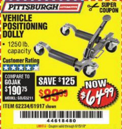 Harbor Freight Coupon 1250 LB. VEHICLE POSITIONING DOLLY Lot No. 62234/61917 Expired: 6/15/19 - $64.99