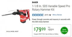 Harbor Freight Coupon BAUER 10 AMP, 1-1/8" SDS VARIABLE SPEED PRO ROTARY HAMMER KIT Lot No. 64287/64288 Expired: 6/30/20 - $79.99