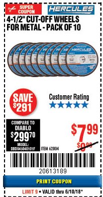 Harbor Freight Coupon HERCULES 4-1/2" CUT-OFF WHEELS FOR METAL - PACK OF 10 Lot No. 62804 Expired: 6/10/18 - $7.99