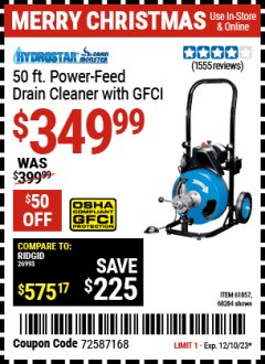 Harbor Freight Coupon 50 FT. COMMERCIAL POWER-FEED DRAIN CLEANER Lot No. 68284/61857 Expired: 12/10/23 - $349.99