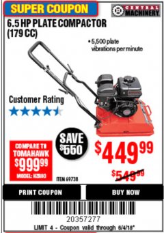 Harbor Freight Coupon 6.5 HP PLATE COMPACTOR (179 CC) Lot No. 66571/69738 Expired: 6/4/18 - $449.99