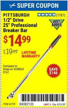 Harbor Freight Coupon 1/2" DRIVE 25" PROFESSIONAL BREAKER BAR Lot No. 62729 Expired: 8/31/20 - $14.99