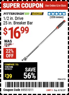 Harbor Freight Coupon 1/2" DRIVE 25" PROFESSIONAL BREAKER BAR Lot No. 62729 Expired: 6/18/23 - $16.99