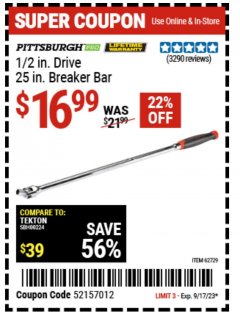 Harbor Freight Coupon 1/2" DRIVE 25" PROFESSIONAL BREAKER BAR Lot No. 62729 Expired: 9/17/23 - $16.99