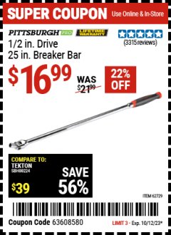 Harbor Freight Coupon 1/2" DRIVE 25" PROFESSIONAL BREAKER BAR Lot No. 62729 Expired: 10/12/23 - $16.99