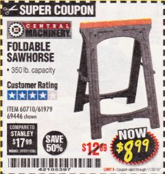 Harbor Freight Coupon FOLDABLE SAWHORSE Lot No. 60710/61979 Expired: 11/30/18 - $8.99
