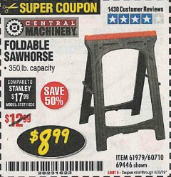Harbor Freight Coupon FOLDABLE SAWHORSE Lot No. 60710/61979 Expired: 4/30/19 - $8.99
