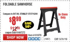 Harbor Freight Coupon FOLDABLE SAWHORSE Lot No. 60710/61979 Expired: 5/31/19 - $8.99