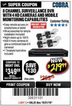 Harbor Freight Coupon 8 CHANNEL SURVEILLANCE DVR WITH 4 HD CAMERAS AND MOBILE MONITORING CAPABILITIES Lot No. 63890 Expired: 10/31/18 - $219.99