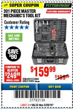 Harbor Freight Coupon 301 PIECE MASTER MECHANIC'S TOOL KIT Lot No. 63464/63457/45951 Expired: 5/20/18 - $159.99