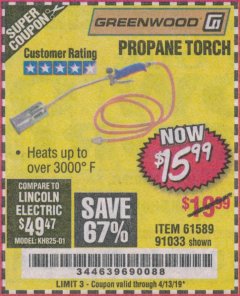 Harbor Freight Coupon PROPANE TORCH Lot No. 91033/61589 Expired: 4/13/19 - $15.99