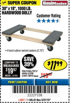 Harbor Freight Coupon HARDWOOD MOVER'S DOLLY Lot No. 61897/39757/38970/60496/62398/92486 Expired: 5/31/18 - $11.99