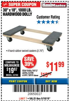 Harbor Freight Coupon HARDWOOD MOVER'S DOLLY Lot No. 61897/39757/38970/60496/62398/92486 Expired: 6/10/18 - $11.99