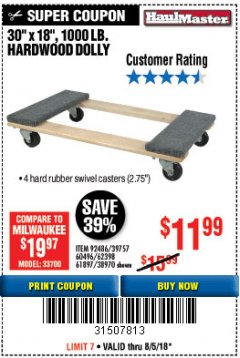 Harbor Freight Coupon HARDWOOD MOVER'S DOLLY Lot No. 61897/39757/38970/60496/62398/92486 Expired: 8/5/18 - $11.99