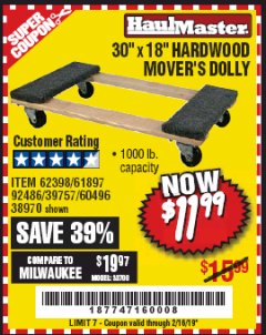Harbor Freight Coupon HARDWOOD MOVER'S DOLLY Lot No. 61897/39757/38970/60496/62398/92486 Expired: 2/16/19 - $11.99