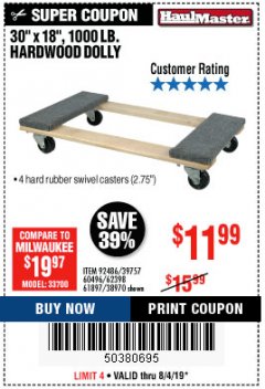 Harbor Freight Coupon HARDWOOD MOVER'S DOLLY Lot No. 61897/39757/38970/60496/62398/92486 Expired: 8/4/19 - $11.99