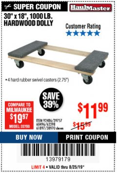 Harbor Freight Coupon HARDWOOD MOVER'S DOLLY Lot No. 61897/39757/38970/60496/62398/92486 Expired: 8/25/19 - $11.99