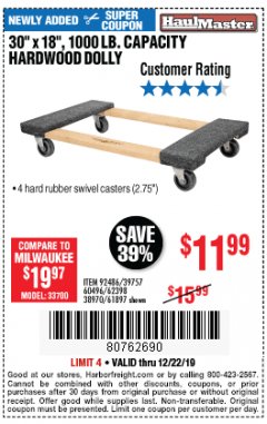 Harbor Freight Coupon HARDWOOD MOVER'S DOLLY Lot No. 61897/39757/38970/60496/62398/92486 Expired: 12/22/19 - $11.99