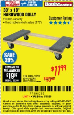 Harbor Freight Coupon HARDWOOD MOVER'S DOLLY Lot No. 61897/39757/38970/60496/62398/92486 Expired: 1/31/20 - $11.99