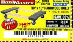 Harbor Freight Coupon HARDWOOD MOVER'S DOLLY Lot No. 61897/39757/38970/60496/62398/92486 Expired: 6/30/20 - $11.99