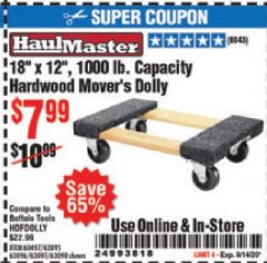 Harbor Freight Coupon HARDWOOD MOVER'S DOLLY Lot No. 61897/39757/38970/60496/62398/92486 Expired: 9/14/20 - $7.99