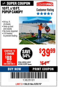 Harbor Freight Coupon COVERPRO 10 FT. X 10 FT. POPUP CANOPY Lot No. 62898/62897/62899/69456 Expired: 8/25/19 - $39.99