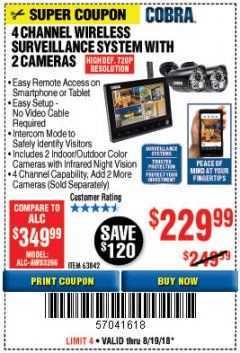 Harbor Freight Coupon 4 CHANNEL WIRELESS SURVEILLANCE SYSTEM WITH 2 CAMERAS Lot No. 63842 Expired: 8/19/18 - $229.99
