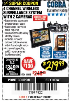 Harbor Freight Coupon 4 CHANNEL WIRELESS SURVEILLANCE SYSTEM WITH 2 CAMERAS Lot No. 63842 Expired: 11/30/18 - $219.99