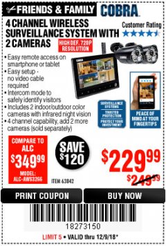 Harbor Freight Coupon 4 CHANNEL WIRELESS SURVEILLANCE SYSTEM WITH 2 CAMERAS Lot No. 63842 Expired: 12/9/18 - $229.99