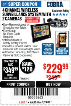 Harbor Freight Coupon 4 CHANNEL WIRELESS SURVEILLANCE SYSTEM WITH 2 CAMERAS Lot No. 63842 Expired: 2/24/19 - $229.99