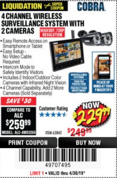 Harbor Freight Coupon 4 CHANNEL WIRELESS SURVEILLANCE SYSTEM WITH 2 CAMERAS Lot No. 63842 Expired: 4/30/19 - $229.99