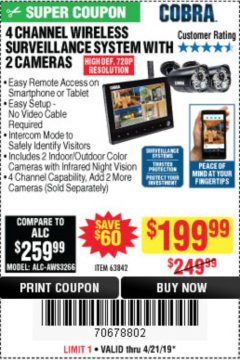 Harbor Freight Coupon 4 CHANNEL WIRELESS SURVEILLANCE SYSTEM WITH 2 CAMERAS Lot No. 63842 Expired: 4/21/19 - $199.99
