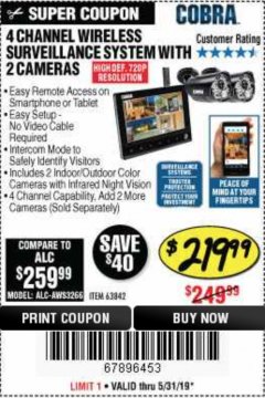 Harbor Freight Coupon 4 CHANNEL WIRELESS SURVEILLANCE SYSTEM WITH 2 CAMERAS Lot No. 63842 Expired: 5/31/19 - $219.99