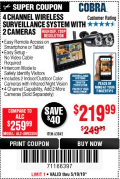 Harbor Freight Coupon 4 CHANNEL WIRELESS SURVEILLANCE SYSTEM WITH 2 CAMERAS Lot No. 63842 Expired: 5/19/19 - $219.99