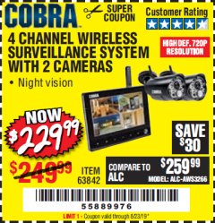 Harbor Freight Coupon 4 CHANNEL WIRELESS SURVEILLANCE SYSTEM WITH 2 CAMERAS Lot No. 63842 Expired: 8/23/19 - $229.99