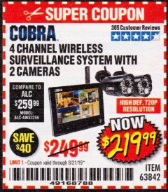 Harbor Freight Coupon 4 CHANNEL WIRELESS SURVEILLANCE SYSTEM WITH 2 CAMERAS Lot No. 63842 Expired: 8/31/19 - $219.99