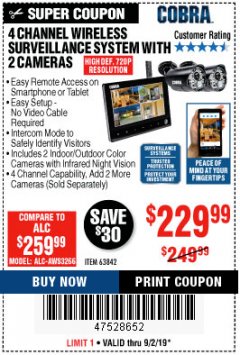 Harbor Freight Coupon 4 CHANNEL WIRELESS SURVEILLANCE SYSTEM WITH 2 CAMERAS Lot No. 63842 Expired: 9/2/19 - $229.99